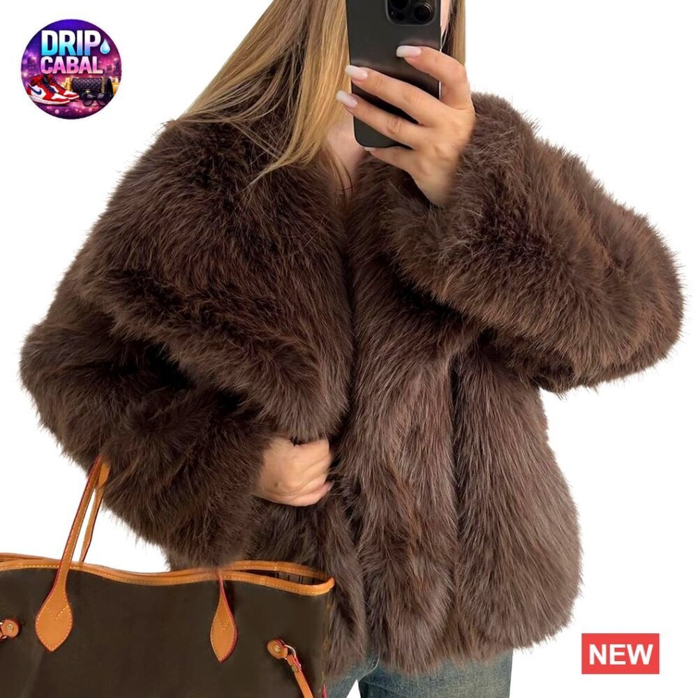 Faux Fur Jacket Fluffy Shaggy Parka Lapel Collar Elegant Winter Coat Women's